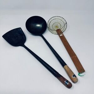 Unbranded Wok Tool Set Unisex OS Black Carbon Steel Spatula Ladle Spider Skimmer